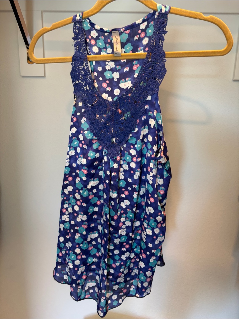 Final Touch Navy Floral Tank with Crochet V-Neck